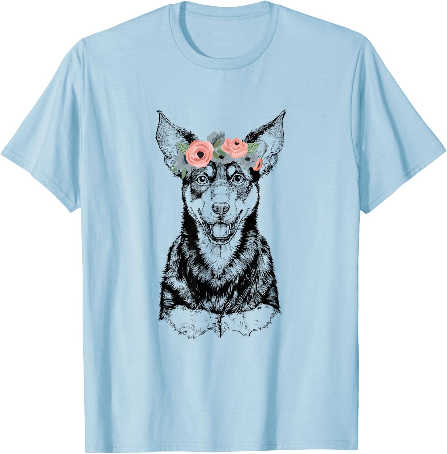 Australian Kelpie with Floral Headband Dog Mom T-Shirt - T-Shirt | Light Blue