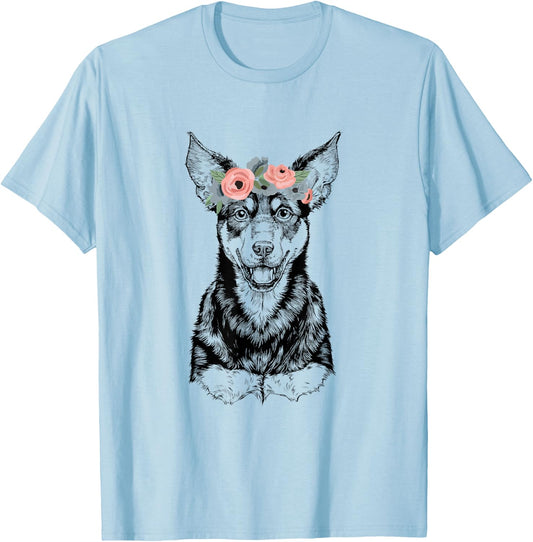 Australian Kelpie with Floral Headband Dog Mom T-Shirt - T-Shirt | Light Blue