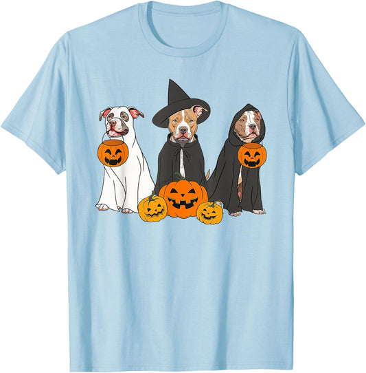 Ghost And Witch Pit Bull Funny Pit Bull Ghost Halloween T-Shirt - T-Shirt | Light Blue