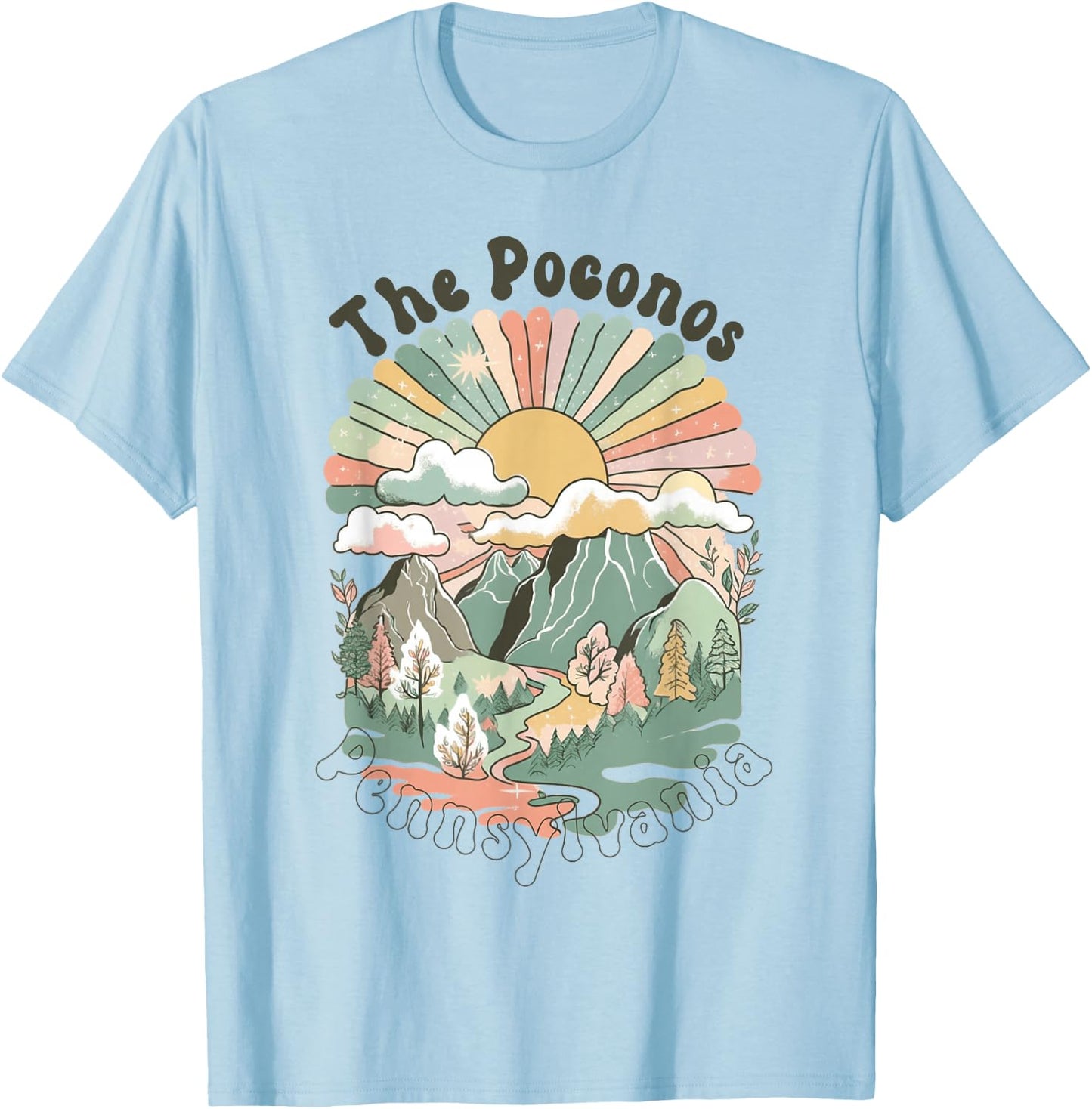 Vintage The Poconos Pennsylvania Mountains Hiking Sunset T-Shirt - T-Shirt | Light Blue