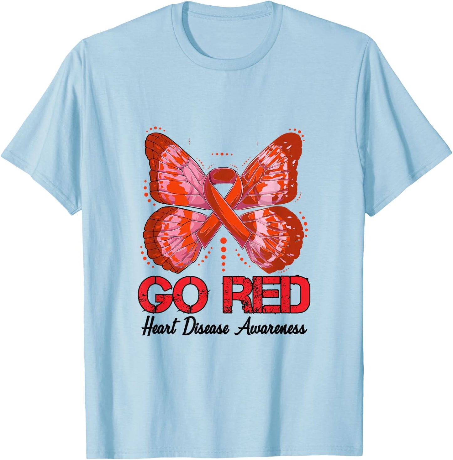 Go Red Heart Disease Awareness 2023 Red Ribbon Butterfly T-Shirt - T-Shirt | Light Blue