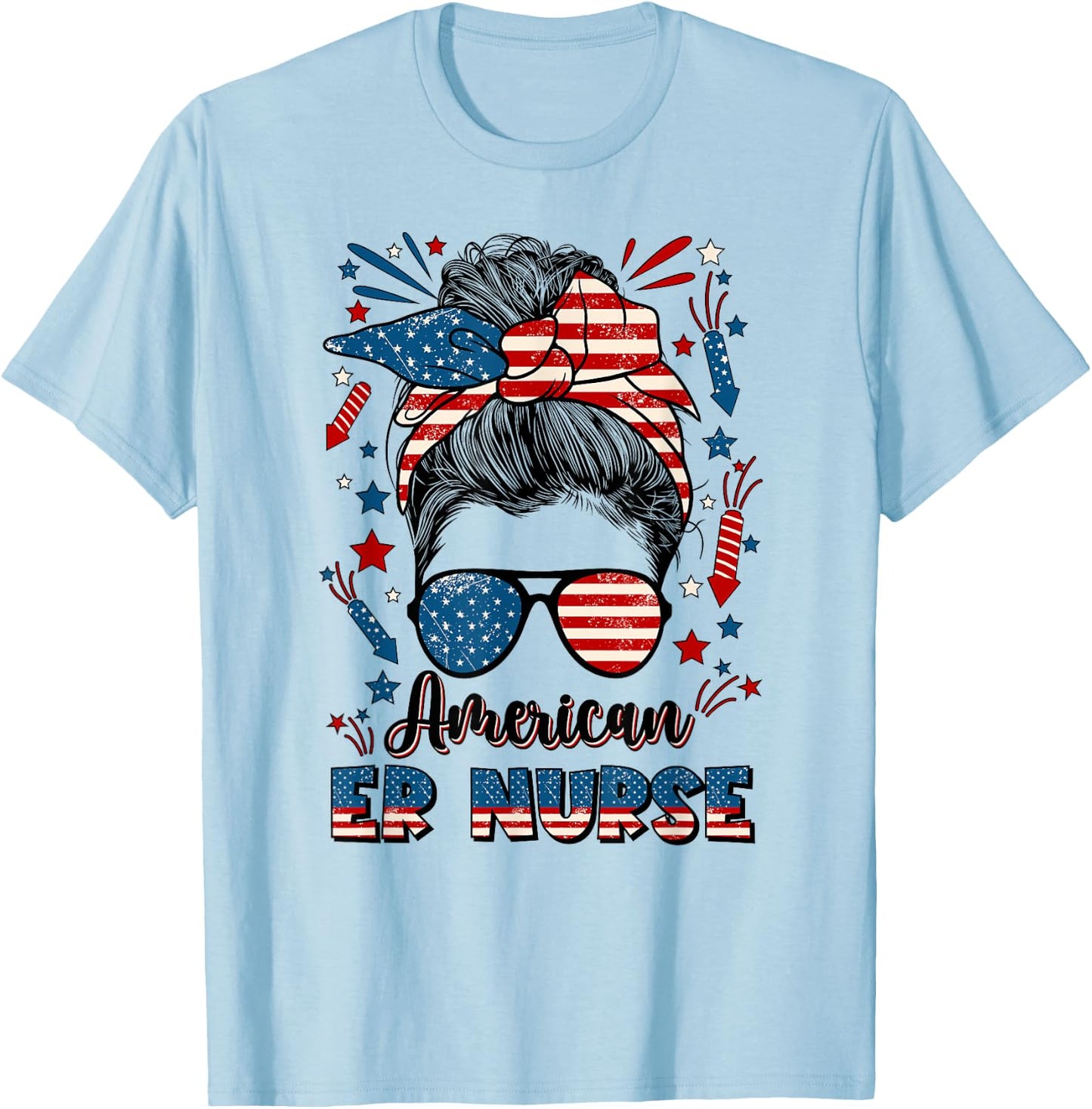 4th Of July Emergency Nurse American Flag ER Nurse T-Shirt - T-Shirt | Light Blue