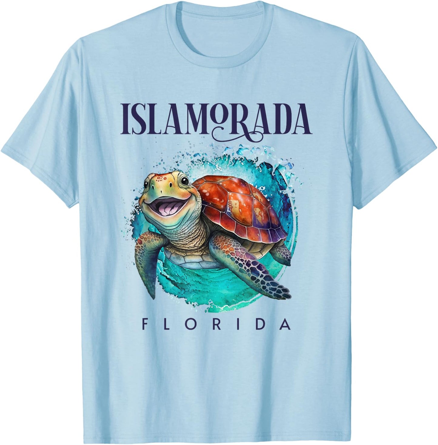 Islamorada Florida Watercolor Happy Sea Turtle T-Shirt - T-Shirt | Light Blue