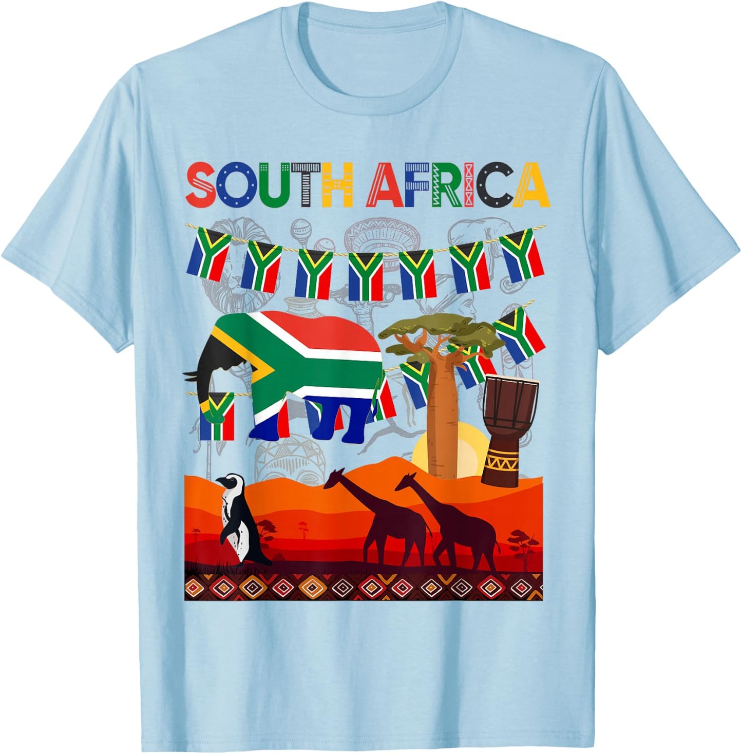 South Africa Ideas Kids With Elephant & South African Flag T-Shirt - T-Shirt | Light Blue