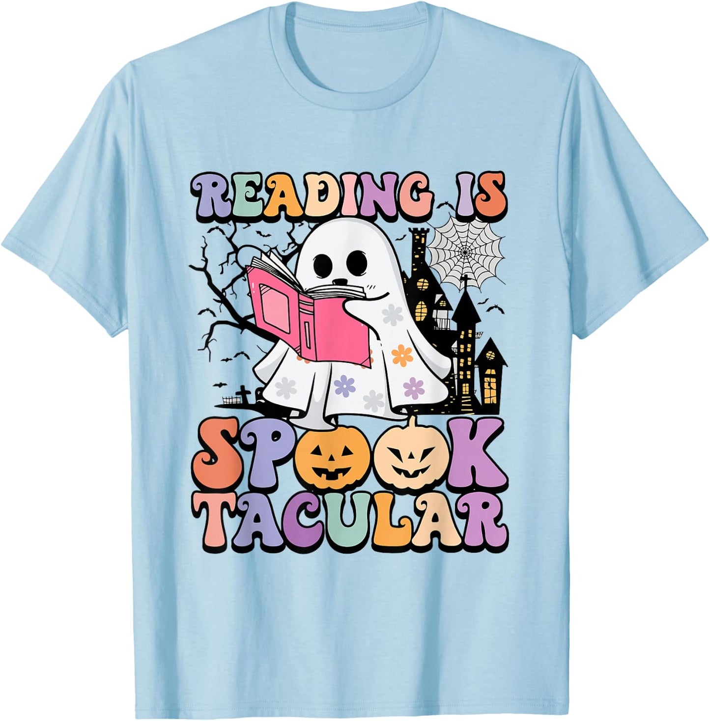 Reading Is Spooktacular Funny Ghost Reading Book Halloween T-Shirt - T-Shirt | Light Blue