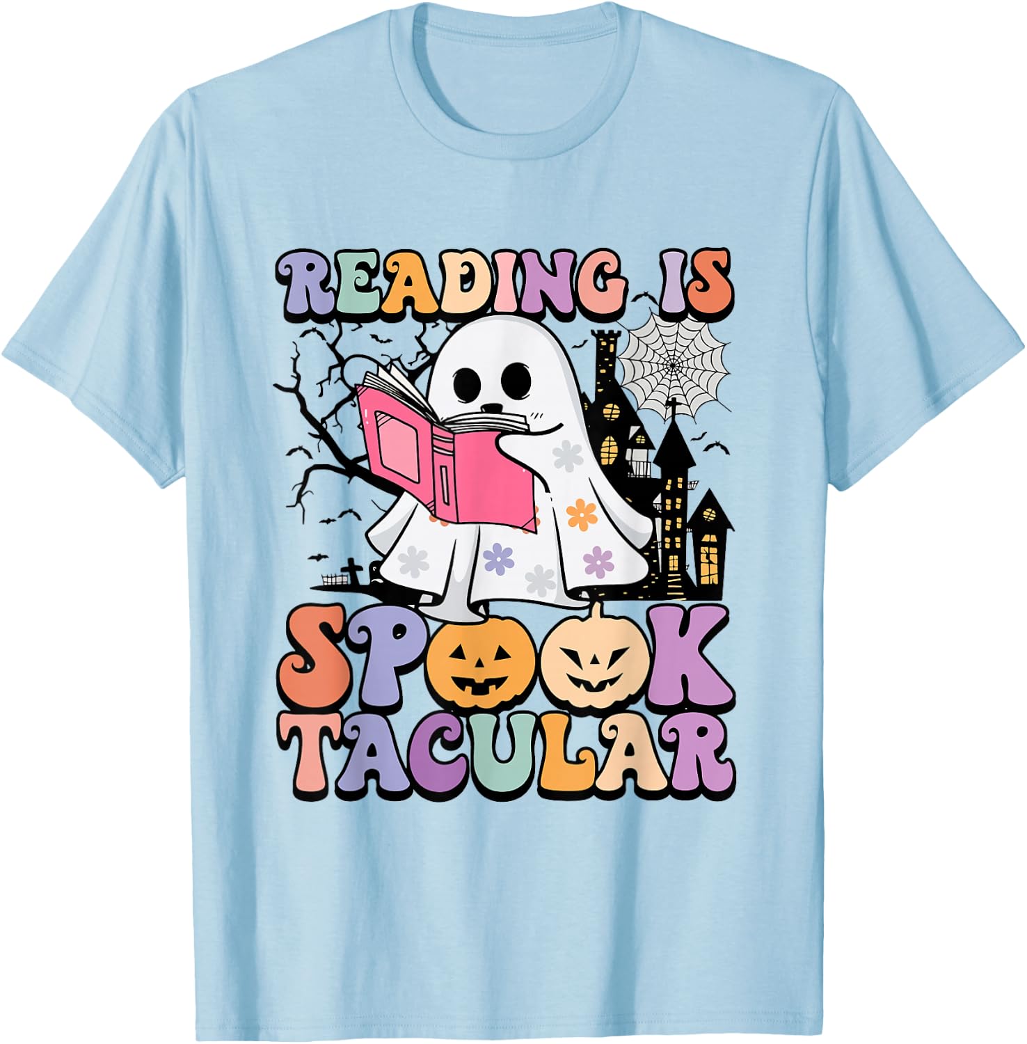 Reading Is Spooktacular Funny Ghost Reading Book Halloween T-Shirt - T-Shirt | Light Blue