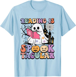 Reading Is Spooktacular Funny Ghost Reading Book Halloween T-Shirt - T-Shirt | Light Blue