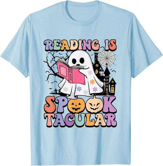 Reading Is Spooktacular Funny Ghost Reading Book Halloween T-Shirt - T-Shirt | Light Blue