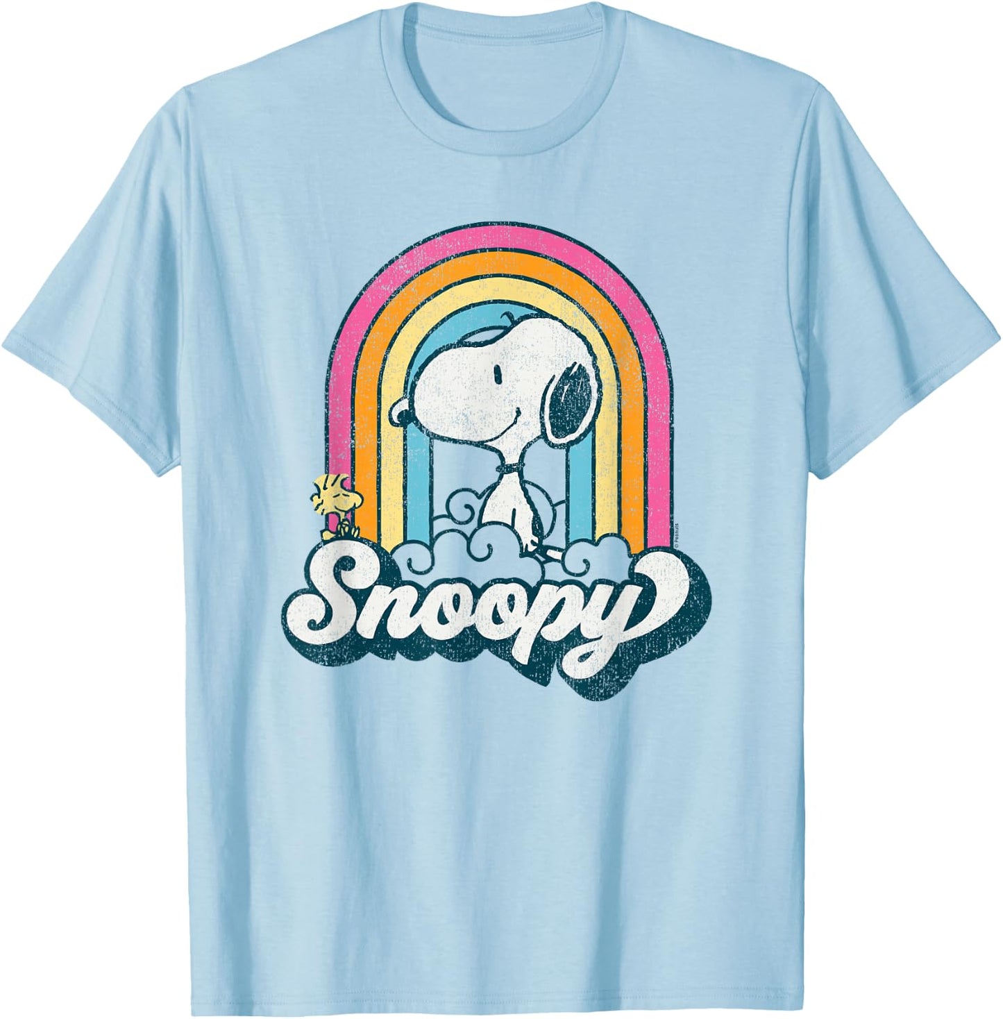 Peanuts - Snoopy Woodstock Retro Rainbow Cloud T-Shirt - T-Shirt | Light Blue