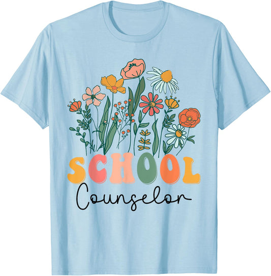 Groovy Wildflower School Counselor T-Shirt - T-Shirt | Light Blue