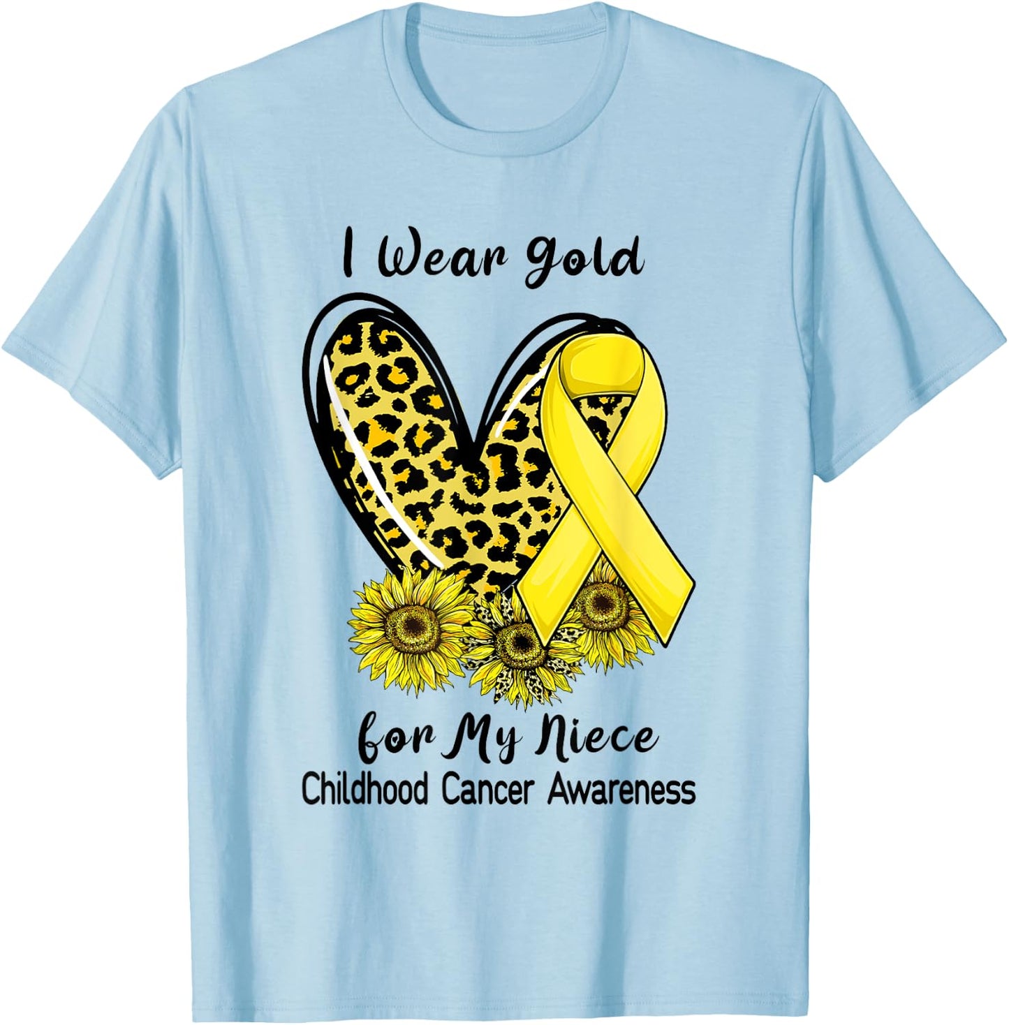 I Wear Gold For My Niece Childhood Cancer Leopard Heart T-Shirt - T-Shirt | Light Blue