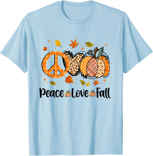 Peace Love Fall Pumpkin Autum Happy Fall Thanksgiving T-Shirt - T-Shirt | Light Blue