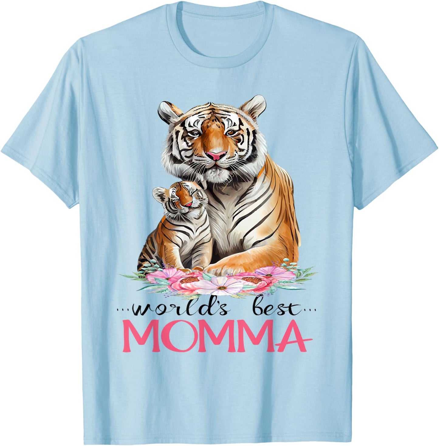 World's Best Momma Mom 2025 Pretty Floral Tiger & Cub T-Shirt - T-Shirt | Light Blue