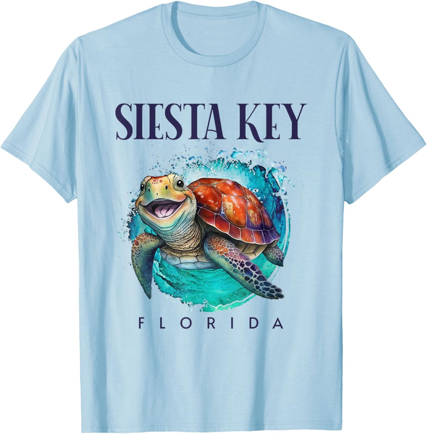 Siesta Key Florida Watercolor Happy Sea Turtle T-Shirt - T-Shirt | Light Blue