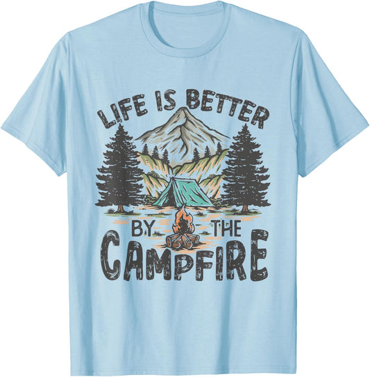 Vintage Retro Life is Better Around The Campfire Camping T-Shirt - T-Shirt | Light Blue