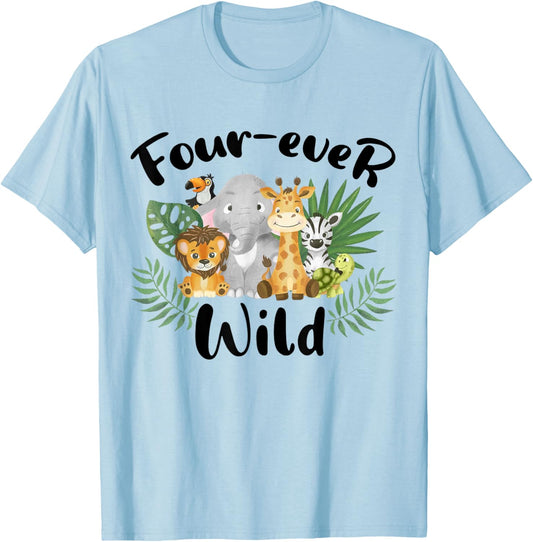 Kids Four-ever Wild 4th Birthday Boy Funny Animals Toddler T-Shirt - T-Shirt | Light Blue