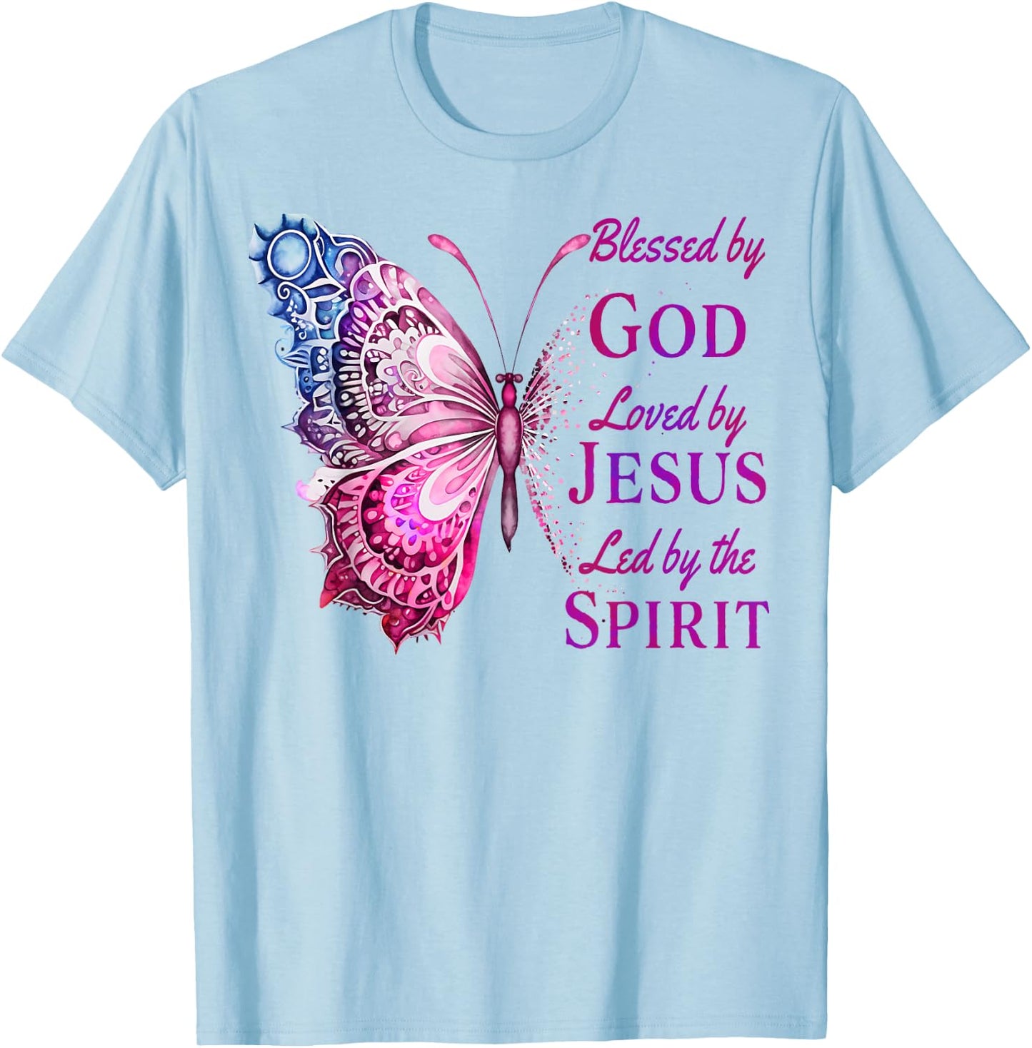 Blessed by God Loved by Jesus Pink Butterfly Christian T-Shirt - T-Shirt | Light Blue