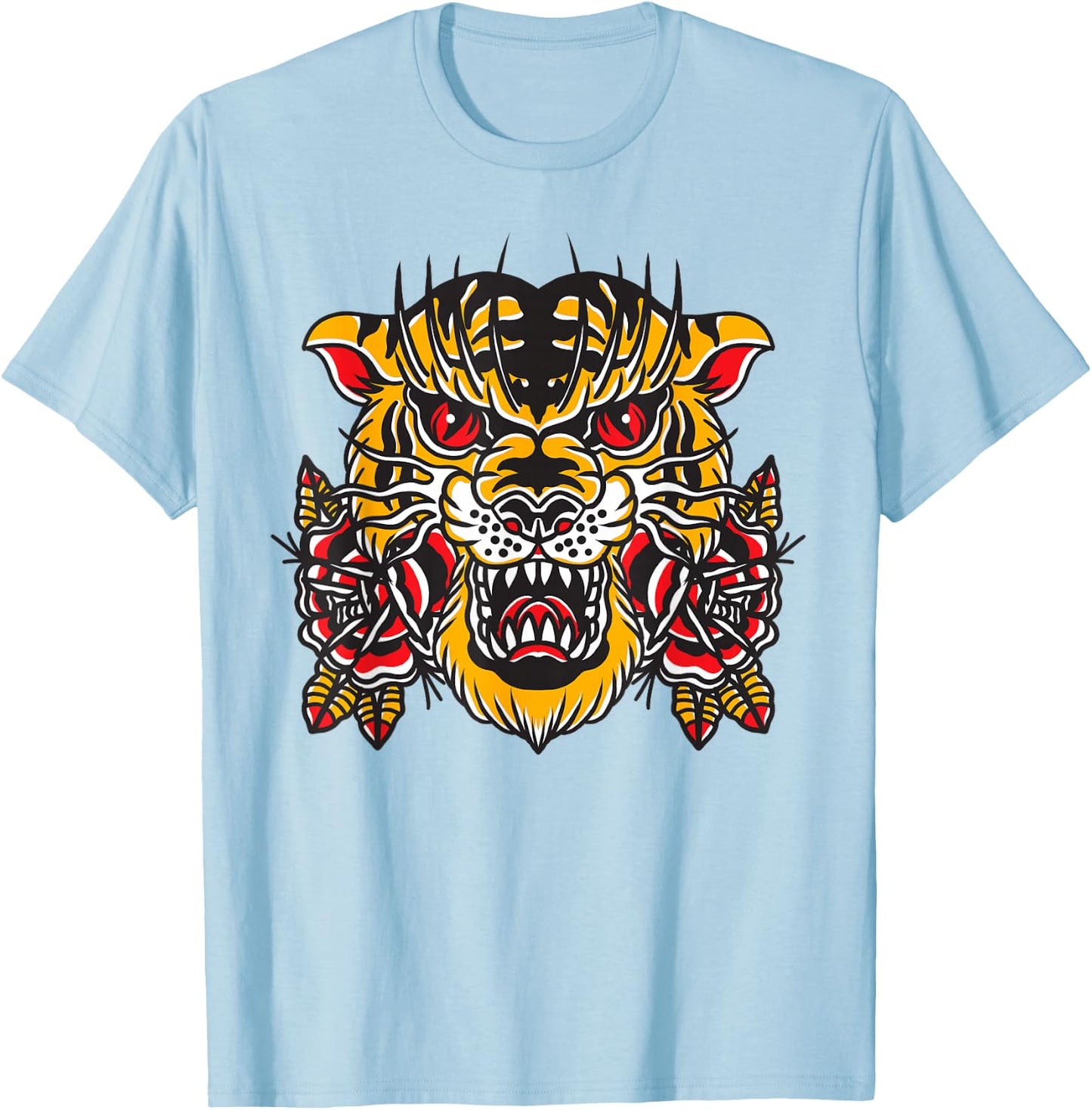 American Traditional Tattoo Flash Tiger Flower Old School T-Shirt - T-Shirt | Light Blue