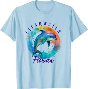 Clearwater Florida Happy Watercolor Dolphin T-Shirt - T-Shirt | Light Blue