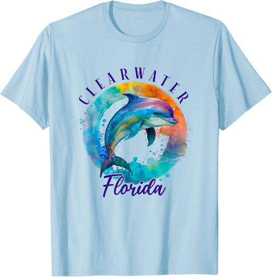 Clearwater Florida Happy Watercolor Dolphin T-Shirt - T-Shirt | Light Blue
