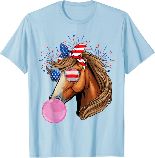 Horse Blowing Bubble Gum USA Flag Sunglasses Indepedence Day T-Shirt - T-Shirt | Light Blue
