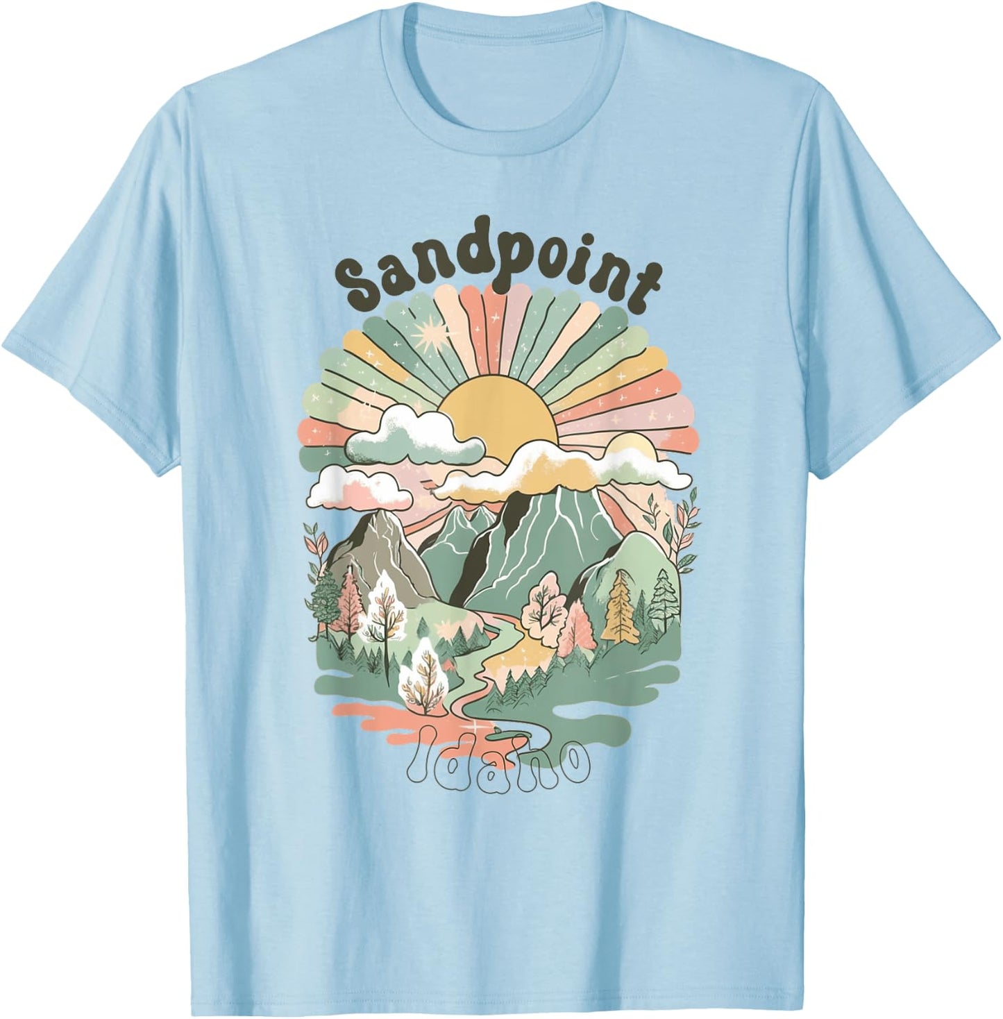 Vintage Sandpoint Idaho Mountains Hiking Sunset Groovy T-Shirt - T-Shirt | Light Blue