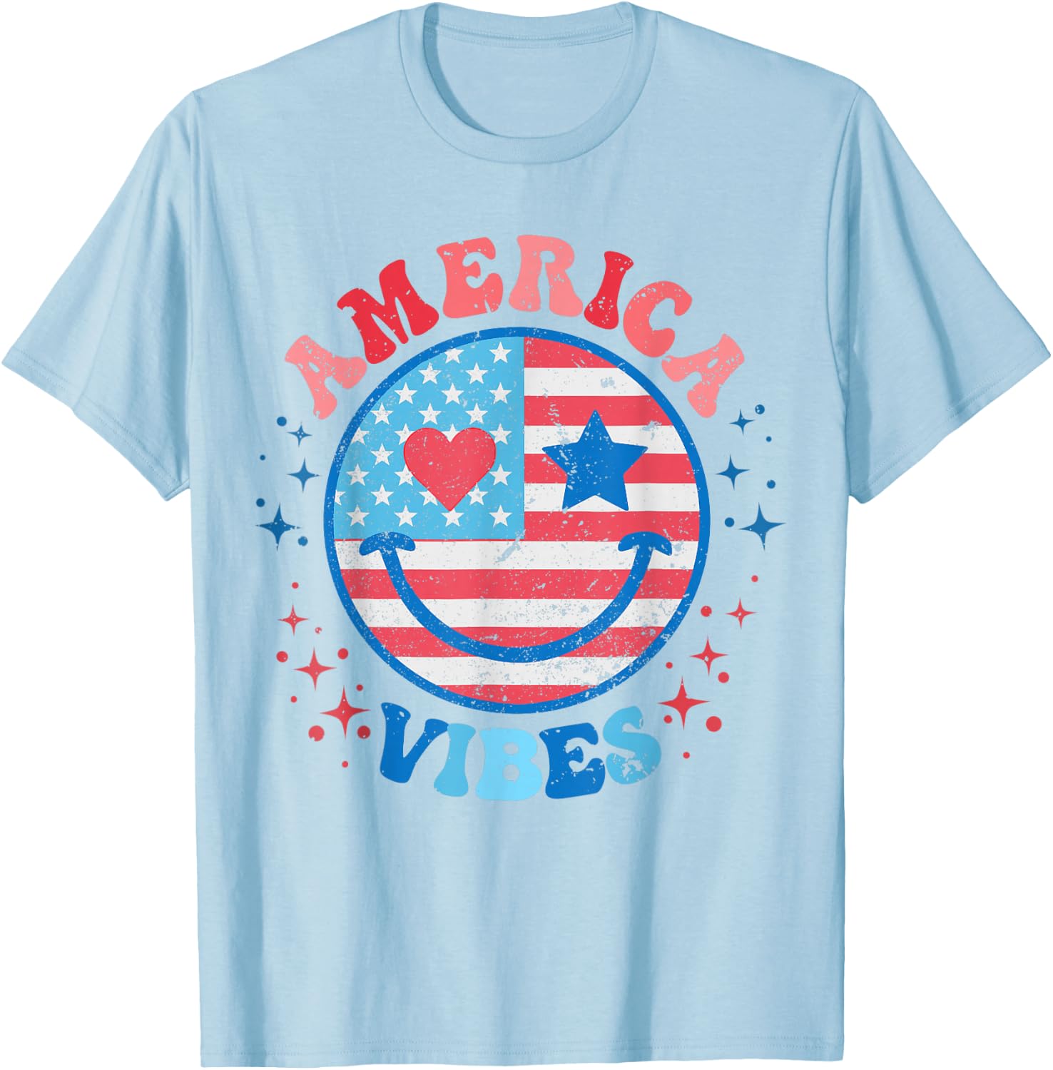 America Vibes Smile Face American Flag 4th of July Groovy T-Shirt - T-Shirt | Light Blue