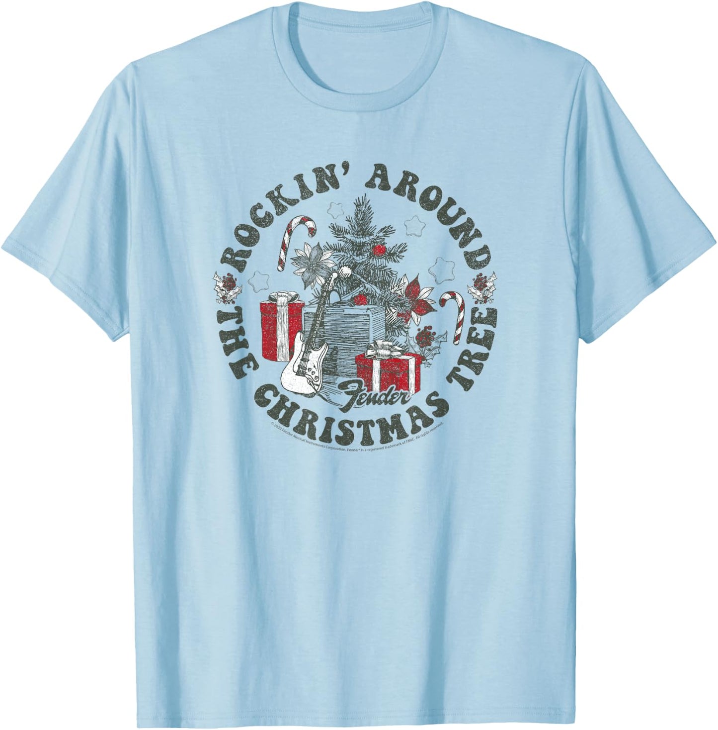 Fender Christmas Rockin' Around The Christmas Tree T-Shirt - T-Shirt | Light Blue
