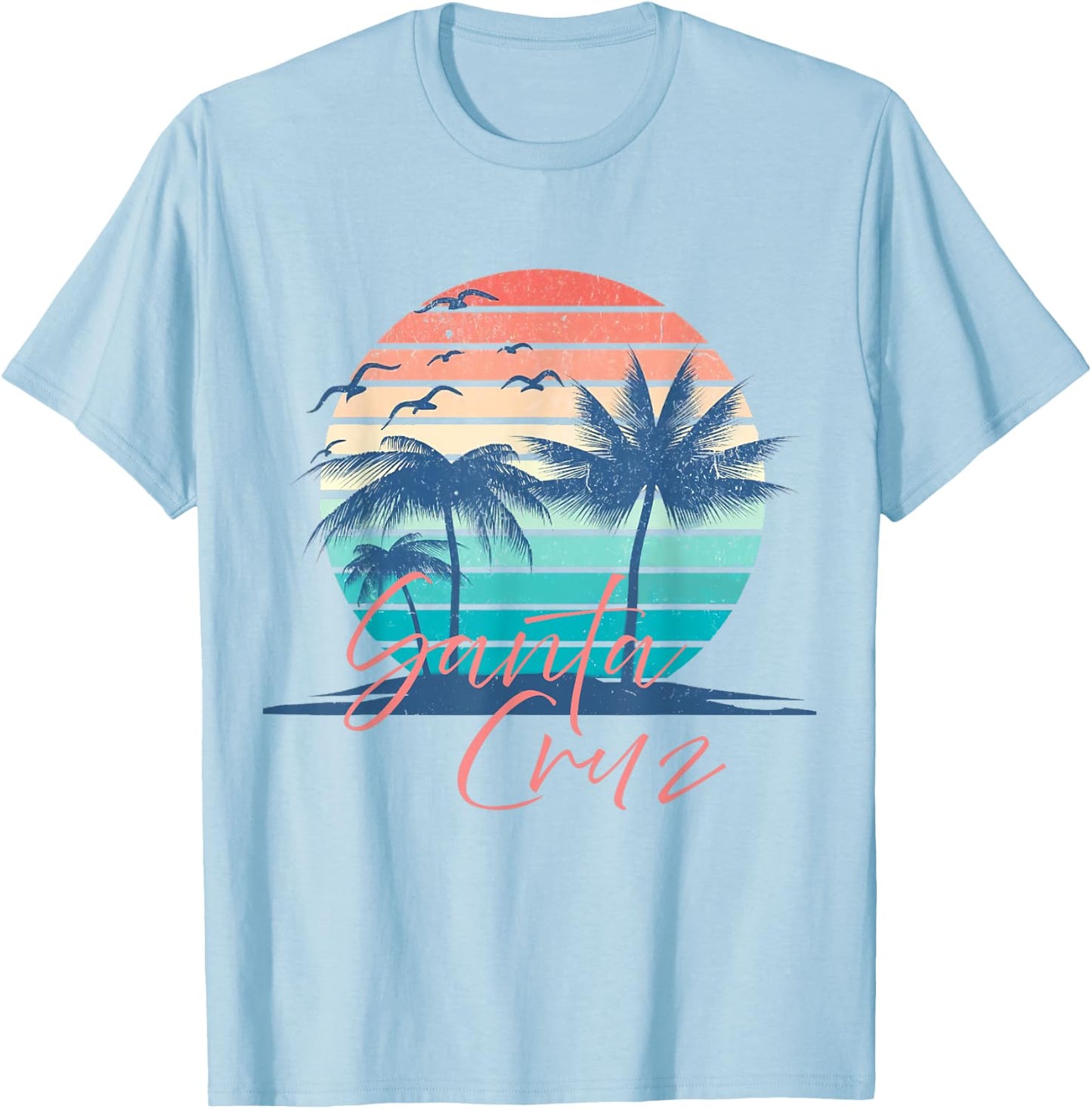 Santa Cruz Vintage Summer Vibes Beach Sunset Retro Palm Tree Men Women Kids T-Shirt - T-Shirt | Light Blue