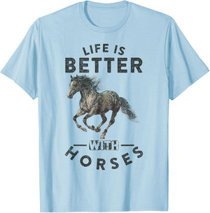Vintage Life is Better with Horses Funny Horseback Riding T-Shirt - T-Shirt | Light Blue