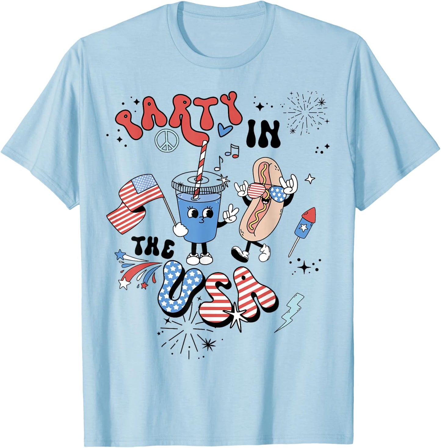 Retro Party In The USA Flag Groovy 4th Of July Patriotic T-Shirt - T-Shirt | Light Blue