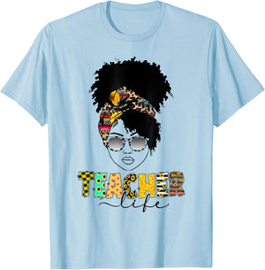 Teacher Life Messy Bun Afro Teacher Week African American Men Women T-Shirt - T-Shirt | Light Blue