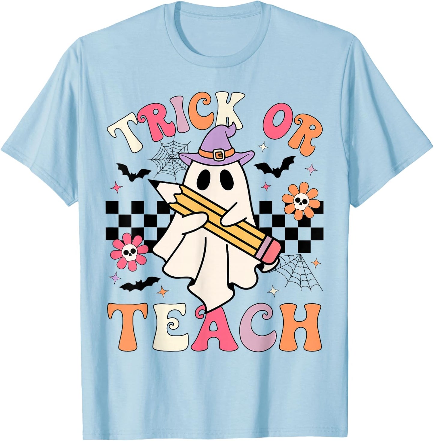 Trick Or Teach Groovy Teacher Halloween Retro Floral Ghost T-Shirt - T-Shirt | Light Blue
