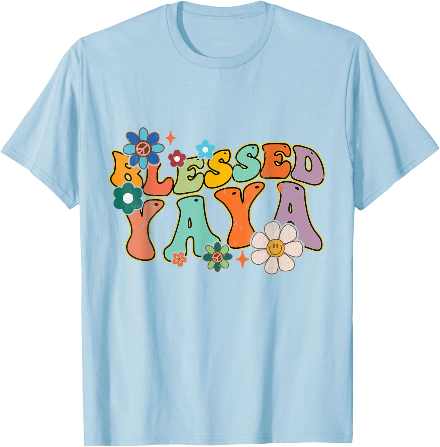 Groovy Mother's Day Blessed Yaya Flowers Hippie T-Shirt - T-Shirt | Light Blue