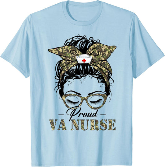 Funny Messy Bun VA Nurse Camouflage Print Army Nurses Women T-Shirt - T-Shirt | Light Blue