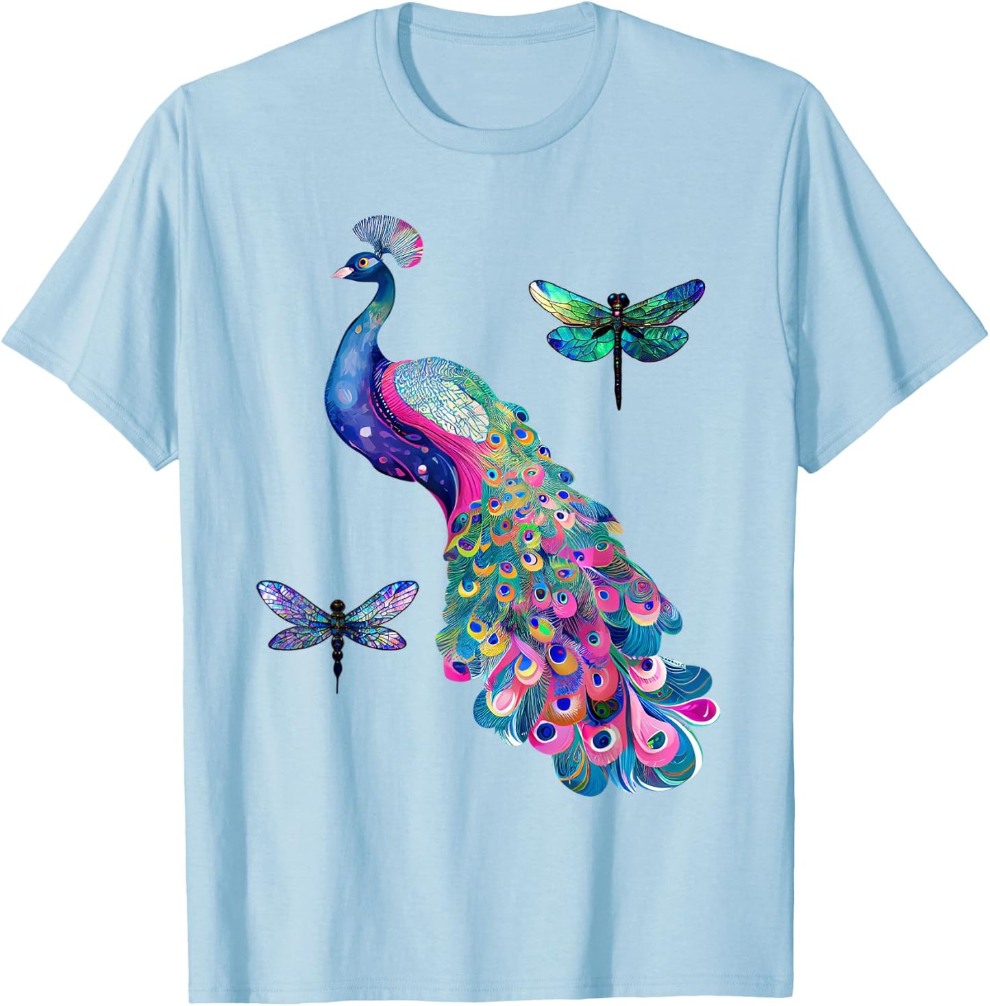 Colorful Peacock Feathers Dragonflies Graphic Art Design T-Shirt - T-Shirt | Light Blue