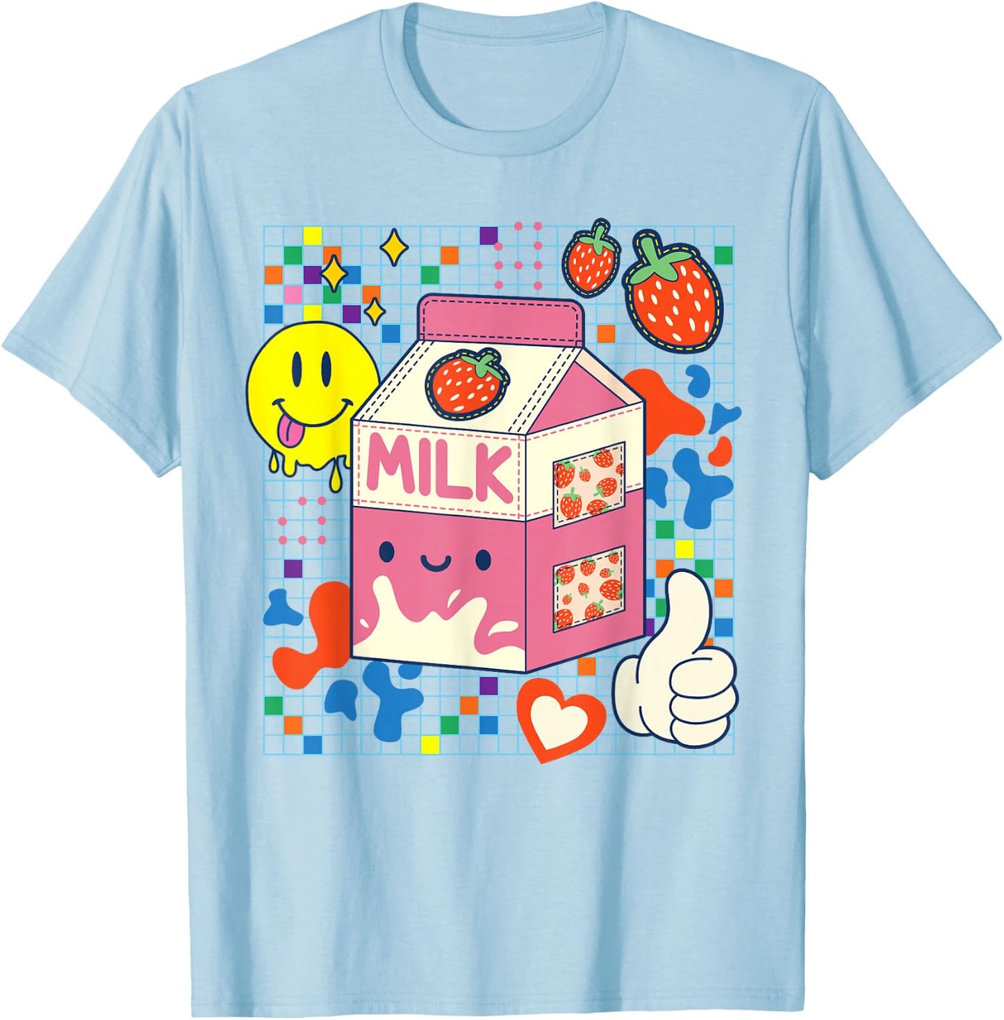 Kidcore Aesthetic Strawberry Milk Fabric Patches Decora Kei T-Shirt - T-Shirt | Light Blue
