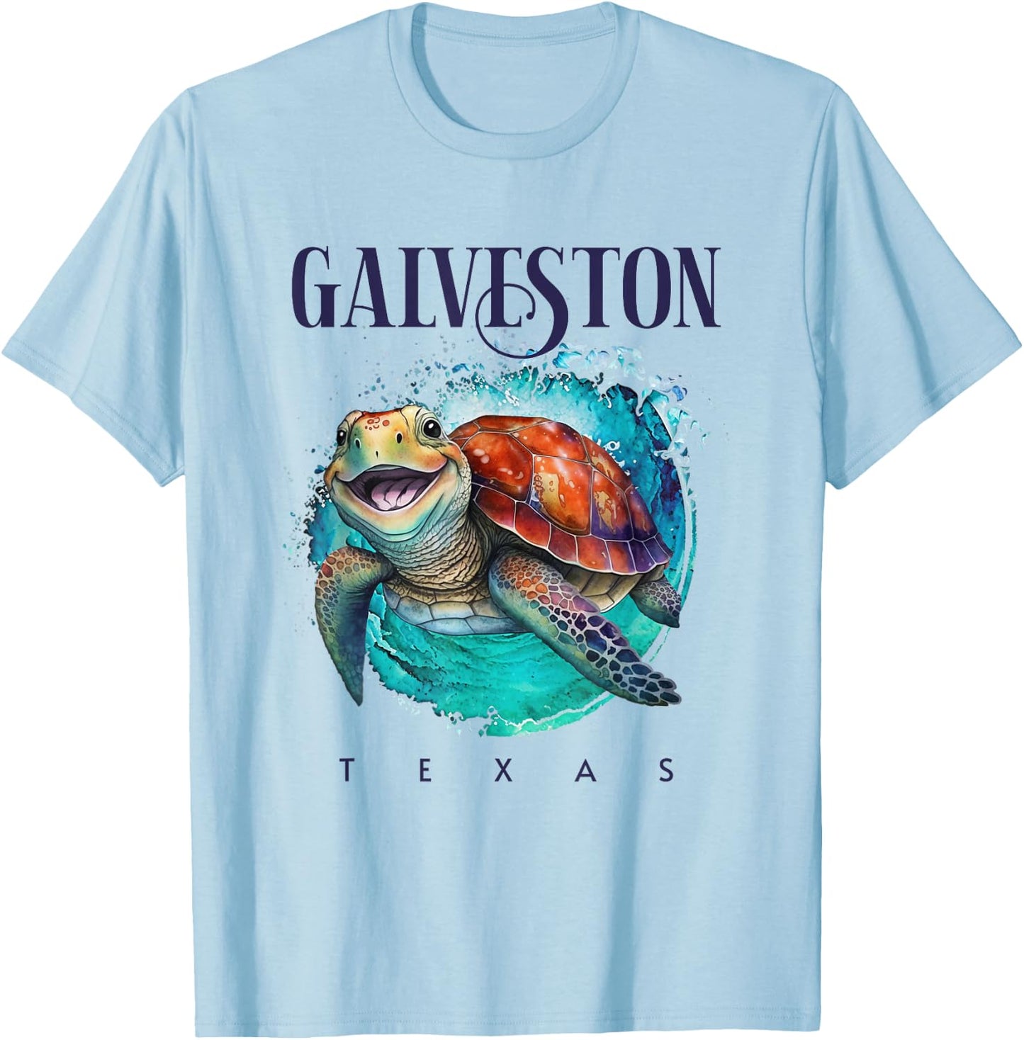 Galveston Texas Watercolor Happy Sea Turtle T-Shirt - T-Shirt | Light Blue