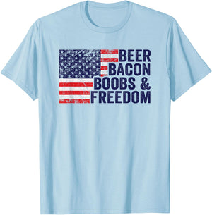 BEER BACON BOOBS & FREEDOM - Funny USA Flag BBQ Drinking T-Shirt - T-Shirt | Light Blue
