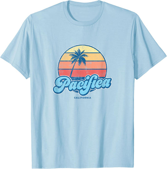 Vintage Pacifica California CA Classic 70s Retro Surfer T-Shirt - T-Shirt | Light Blue