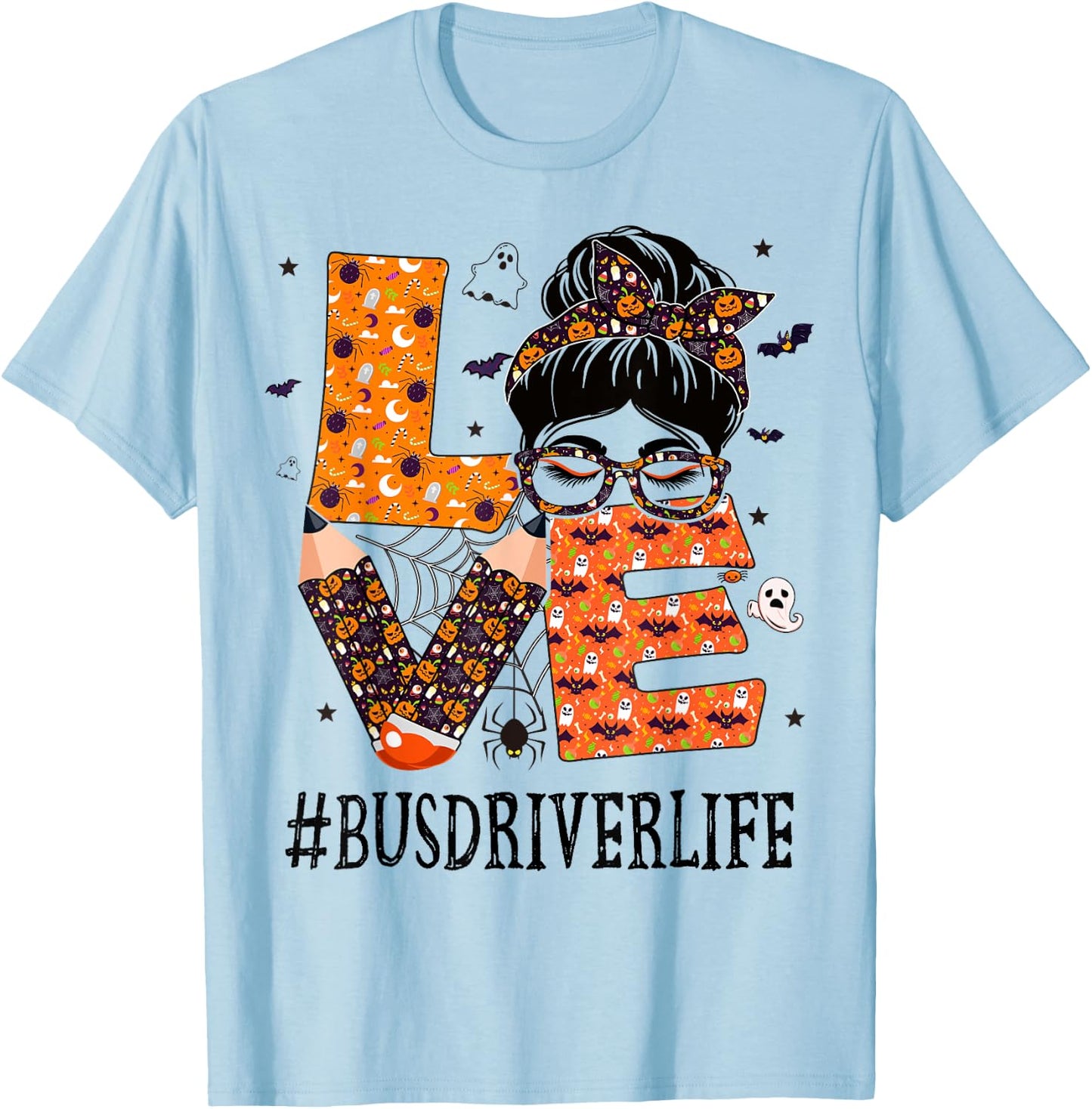 Bus Driver Love Messy Bun Pumpkin Women Halloween Costume T-Shirt - T-Shirt | Light Blue