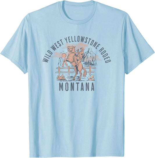 Wild West Yellowstone Rodeo Montana Cowboy and Horse T-Shirt - T-Shirt | Light Blue