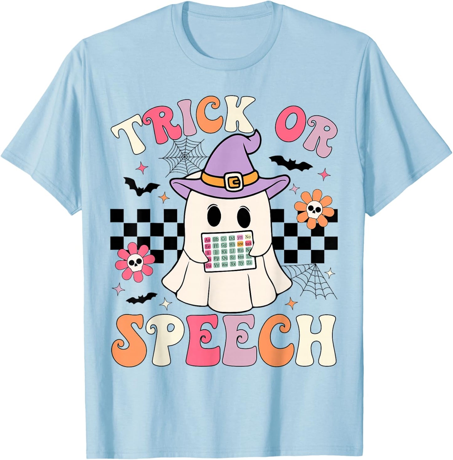 Trick or Speech Retro SLP Halloween Speech Therapy Halloween T-Shirt - T-Shirt | Light Blue