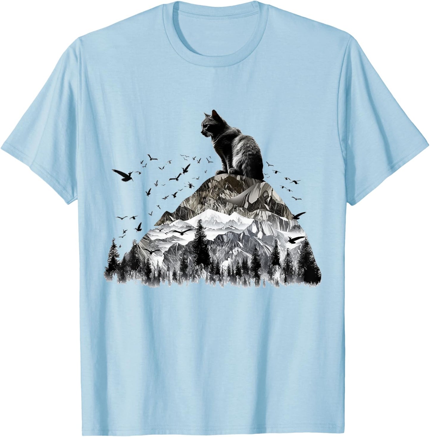 Cat Mountains Bird Artwork | Animal Motif Cat T-Shirt - T-Shirt | Light Blue