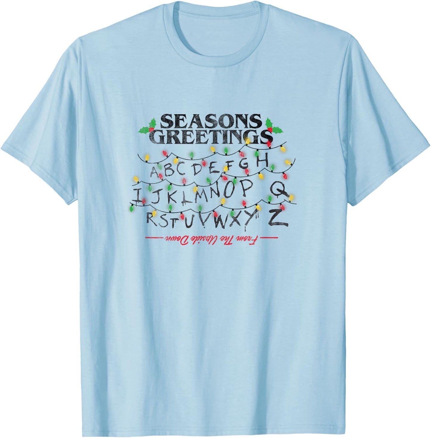 Stranger Things Christmas Greetings Upside Down Distressed T-Shirt - T-Shirt | Light Blue