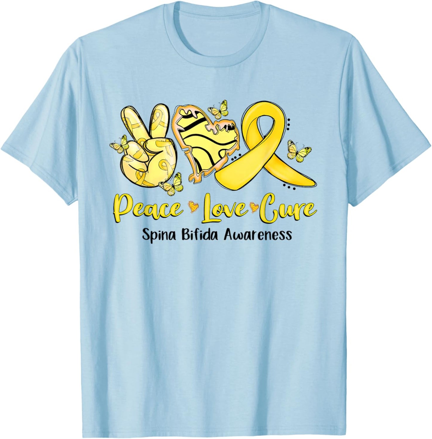 Peace Love Cure Yellow Ribbon Spina Bifida Awareness T-Shirt - T-Shirt | Light Blue