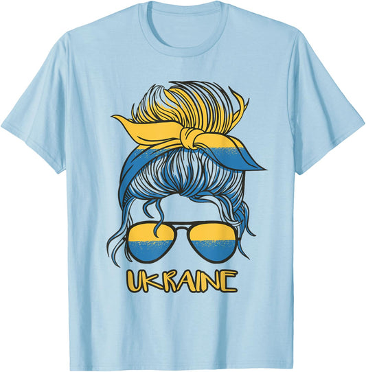 Messy Bun Hair Ukrainian Flag Girl Ukraine T-Shirt - T-Shirt | Light Blue