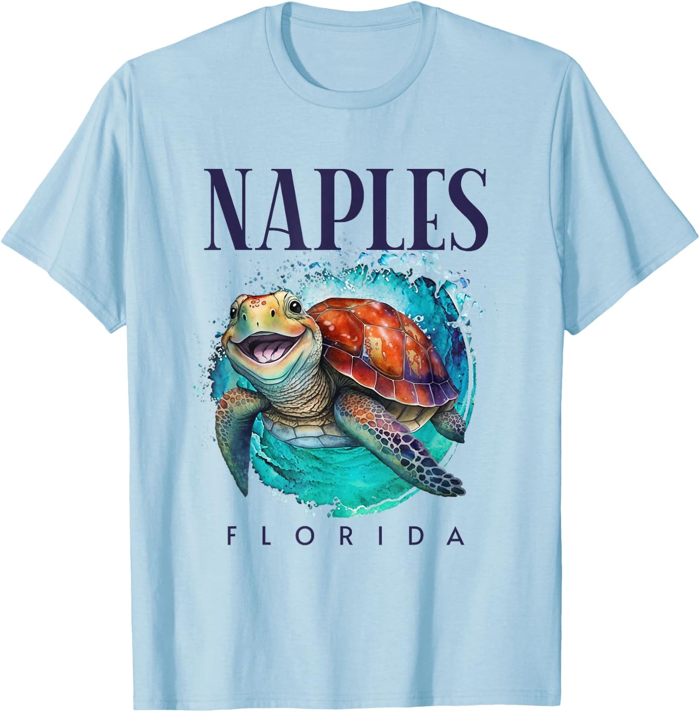 Naples Florida Watercolor Happy Sea Turtle T-Shirt - T-Shirt | Light Blue