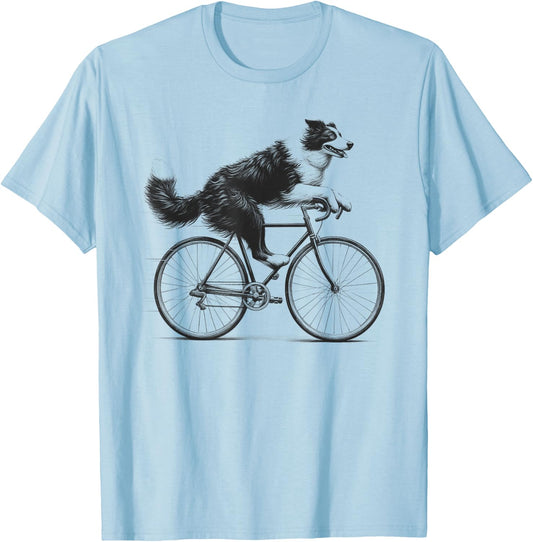 Border Collie Dog Riding a Bike Bicycle Biker Cycling Men Women Kids T-Shirt - T-Shirt | Light Blue