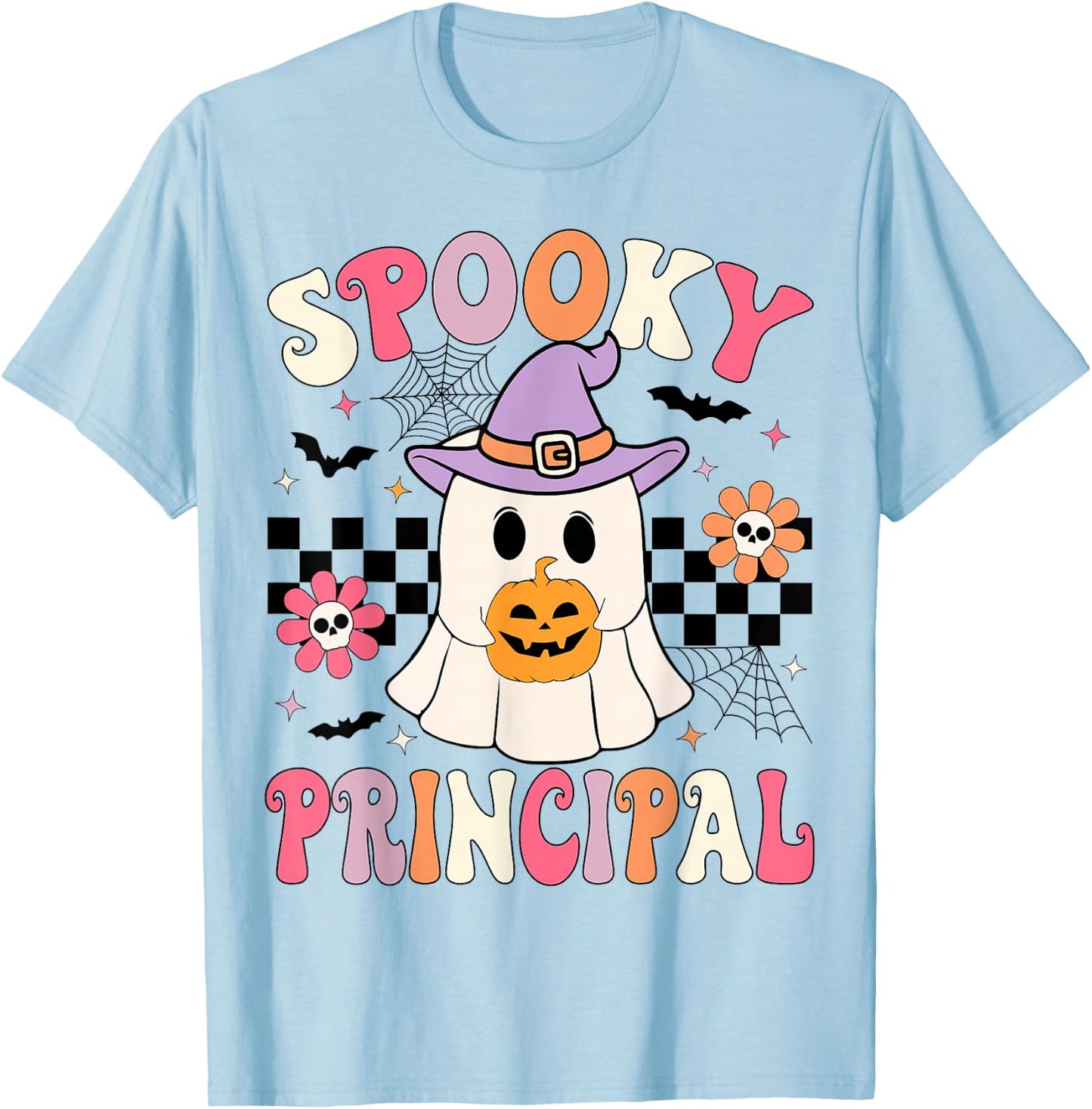 Groovy Spooky Principal Ghost Pumpkin Halloween Principal T-Shirt - T-Shirt | Light Blue